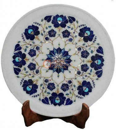 12" Marble White Dinner Plate Lapis Inlaid Marquetry Floral Columbus Gifts Decor