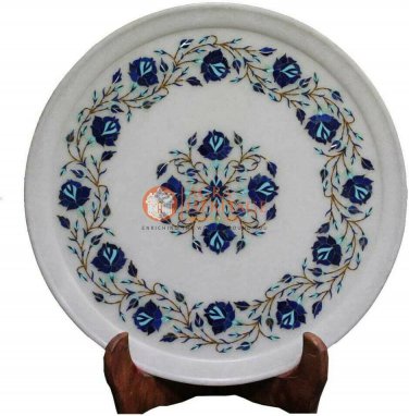 14" Marble White Handmade Dish Plate Lapis Inlay Stone Floral Work Veterans Gift