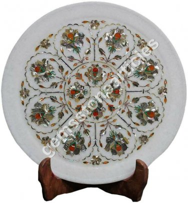 12" Marble White Plate Pauashell Inlaid Floral Marquetry Art Columbus Gift Decor