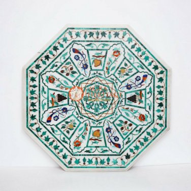 White Marble Coffee Table Semi Precious Unique Marquetry Fruit Art Hallway Decor