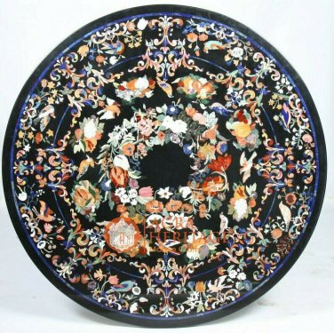 52" Counter Height Marble Black Round Dining Table Mosaic Floral Inlaid H5046