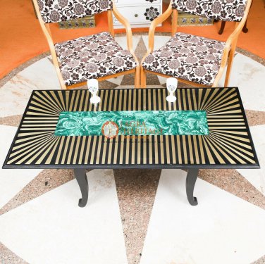 Black Marble Center Dining Table Top Malachite Brass Unique Art Living Decor
