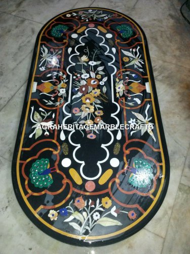 Black Marble Dining Hallway Table Top Floral Peacock Inlay Arts Furniture H3314