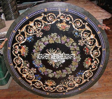 Black Marble Top Dining Table Multi Pietradura Inlay Floral Outdoor Decor H3796