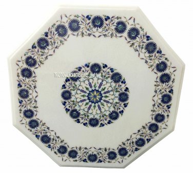 24" White Marble Coffee Table Top Marquetry Lapis Lazuli Inlay Living Room Decor