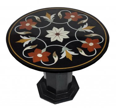 24" Black Round Marble Coffee Table With Stand Floral Pietra Dura Inlay Decor