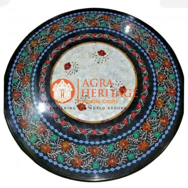 30" Round Black Marble Kitchen Coffee Center Table Top Mosaic Inlay Decor H5681A