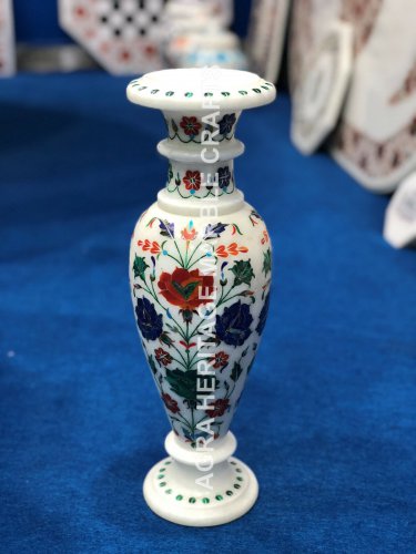 15" White Marble Flower Vase Multi Inlay Marquetry Floral Art Home Decor E182