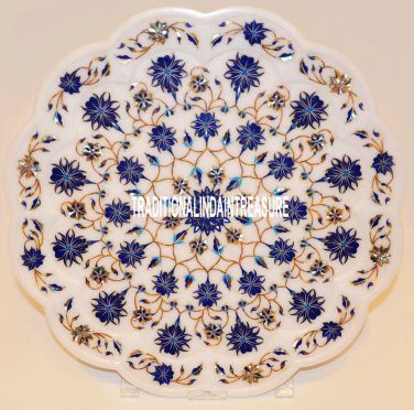 15" White Marble Serving Plate Lapis Lazuli Precious Inlay Floral Decor Gifts