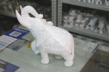 12" White Statue Marble Elephant Hand Carved Design Show Piece Gift Decor H5720B
