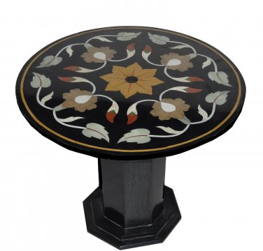 23" Black Round Marble Coffee Table Top Handmade Marquetry Home Decor With Stand