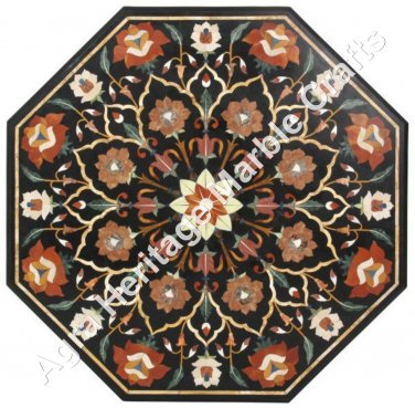 30" Black Marble Coffee Dining Table Top Marquetry Handmade Decorative Arts