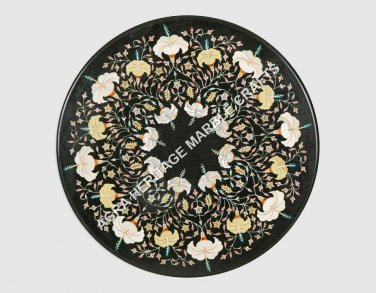 24" Black Marble Round Coffee Center Table Top Marquetry Inlay Patio Decor H5186