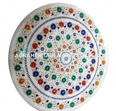 24" White Marble Coffee Table Top Marquetry Malachite Multi Inlay Decor H2940