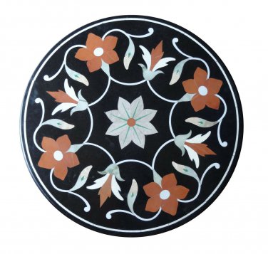 24" Black Marble Coffee Table Top With Gift Floral Inlay Marquetry Home Decor