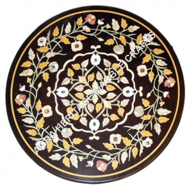 24" Black Round Marble Coffee Center Table Top Marquetry Inlay Patio Decor H3482
