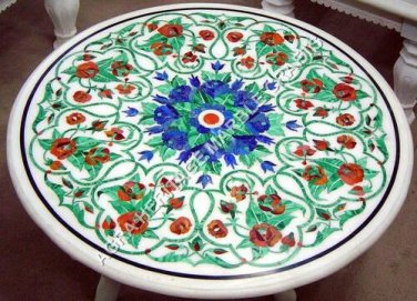 24" White Marble Round Center Coffee Table Top Lapis Malachite Inlay Decor H4974