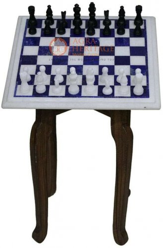 15"x15" Marble Chess Top Coffee Table Lapis Mosaic Inlay Design Columbus Gift