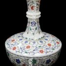 15" Marble White Flower Vase Multi Marquetry Inlay Floral Art Gift Decor H3425