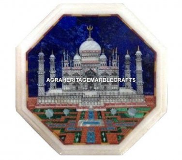 White Marble Coffee Table Top Taj Mahal Pietra Dura Lapis Lazuli Mosaic Art H465