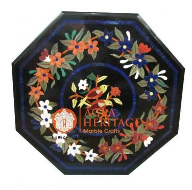 Black Marble Coffee Dining Table Top Floral Bird Inlay Design Hallway Decor H448