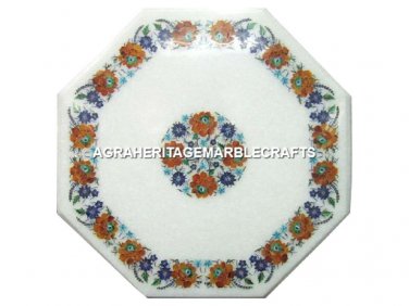White Marble Center Table Top Hakik Lapis Floral Inlay Kitchen Decor H3007