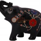 3" Marble Black Jumbo Elephant Figriun Carnelian Marquetry Floral Columbus Gifts