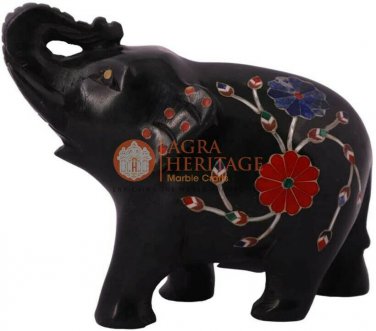 3" Marble Black Jumbo Elephant Figriun Carnelian Marquetry Floral Columbus Gifts