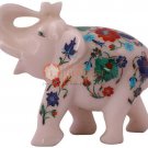 4" White Jumbo Elephant Sculpture Lapis Multi Stone Inlaid Housewarming Gift Art