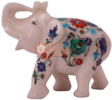 4" White Jumbo Elephant Sculpture Lapis Multi Stone Inlaid Housewarming Gift Art