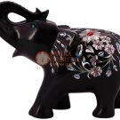 4" Black Salute Pose Elephant Mop Inlaid Gemstone Floral Art Christmas Eve Gifts 4" Black Salute Pose Elephant Mop Inlaid Gemstone Floral Art Christmas Eve Gifts