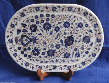 15"x10" White Marble Serving Tray Lapis Lazuli Inlay Handicraft Floral Art Decor