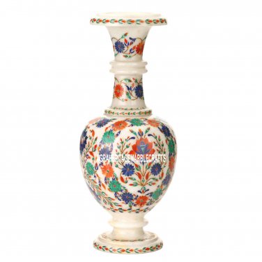 14"x6'' White Marble Flower Vase Multi Floral Art Inlay Home Decor Gifts H3602
