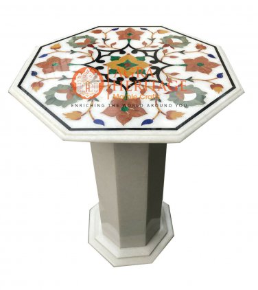 24" Marble White Coffee Outdoor Table Top With Stand Multi Inlay Home Decor E541