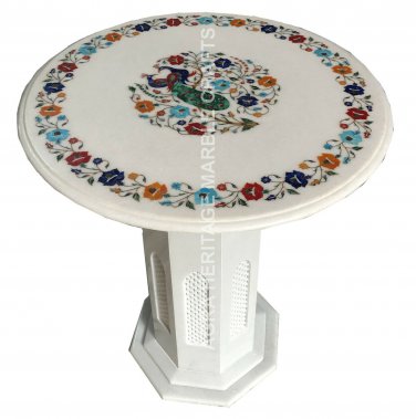 24" Marble Coffee Stand Table Top Multi Floral Peacock Inlay Design Decor E1507
