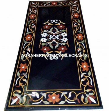 Black Marble Dining Center Table Top Rare Inlaid Mosaic Art Outdoor Decor