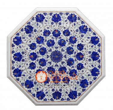 24" Marble White Table Top Lapis Lazuli Inlaid Marquetry Furniture Decor H026