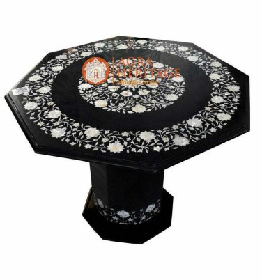 Marble Coffee Table Top With 18" Tall Stand Mother of Pearl Inlay Floral E1648A