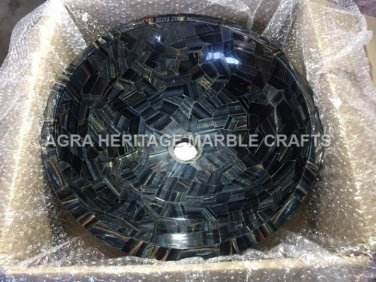 Round Marble Wash Basin Gorgeous Inlaid Stone Interior Gift Bathroom Decor E418