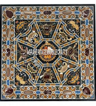 Black Marble Square Side Table Scagliola Inlay Arts Unique Hallway Decor H4030