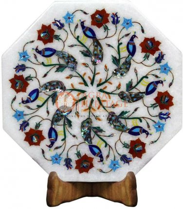 12" Marble Wall Tile Inlay Peacock Marquetry Multi Stone Design Columbus Gifts