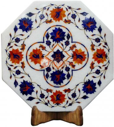 8"x8" Marble White Wall Decor Tile Lapis Inlay Semi Precious Floral Design Decor