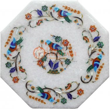 8"x8" Marble White Handmade Unique Wall Tile Parrot Semi Precious Veterans Gift