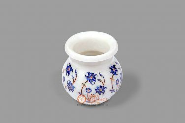 Marble White Flower Storage Vase Lapis Inlaid Marquetry Floral Art Handmade Gift