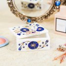 White Marble Jewelry Personalize Box Lapis Inlaid Mosaic Floral Fine Design Gift