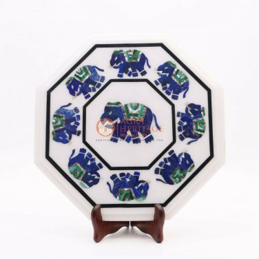 12"x12" Marble White Top Custom Table Lapis Elephant Inlaid Design Garden Decor
