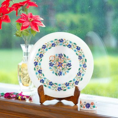 Semi Precious Stones Inlay Work Marble Plate Pietra Dura Art Table Master Piece