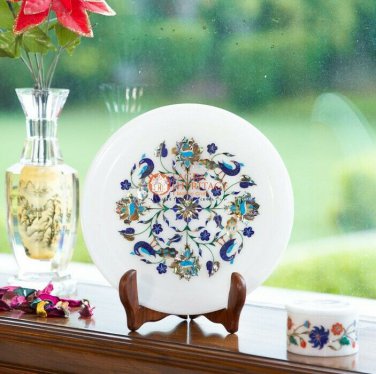 Indian Heritage Craft White Marble Collectible Pate Inlaid Lapis Peacock Decor