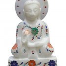 6" Marble White Top Buddha Statue Semi Precious Floral Interior Veterans Gift