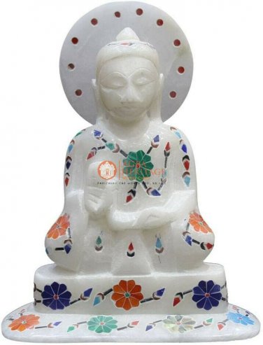 6" Marble White Top Buddha Statue Semi Precious Floral Interior Veterans Gift